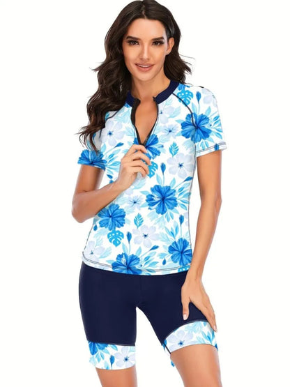 2 Piece Sets Swimsuit Women Summer Bathing Suit Short Sleeve Swimwear Women Beach Swimming Suit For Female