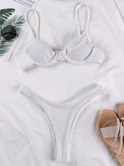 Ribbed Underwired V-Bar Thong Bikini Women Swimsuit Female Swimwear Two-pieces Bikini Set High Cut Bathing Suit Swim Beachwear