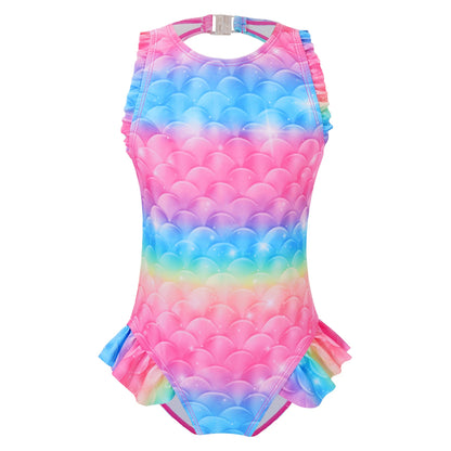 Kids Girls Mermaid Swimsuit Sleeveless Fish Scales Print Ruffle Flounce Jumpsuit Bathing Suit Pool Beach Athletic Swimwear