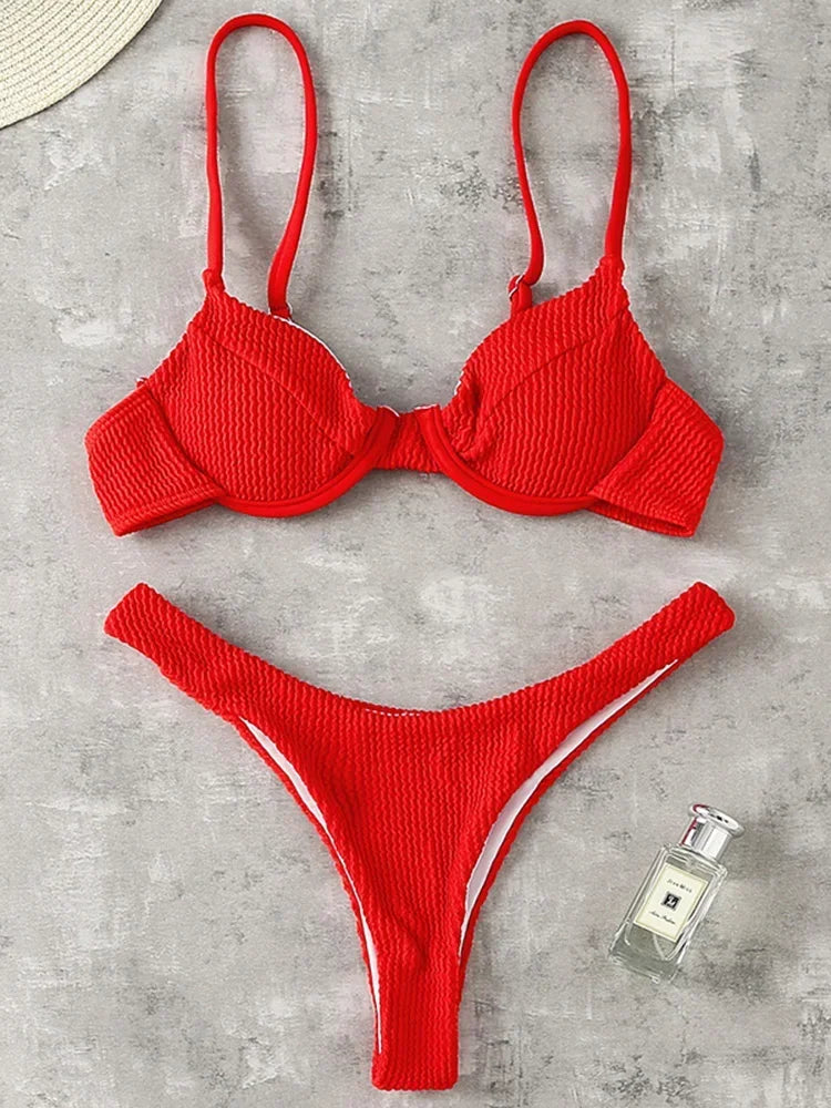 Ribbed Underwired V-Bar Thong Bikini Women Swimsuit Female Swimwear Two-pieces Bikini Set High Cut Bathing Suit Swim Beachwear