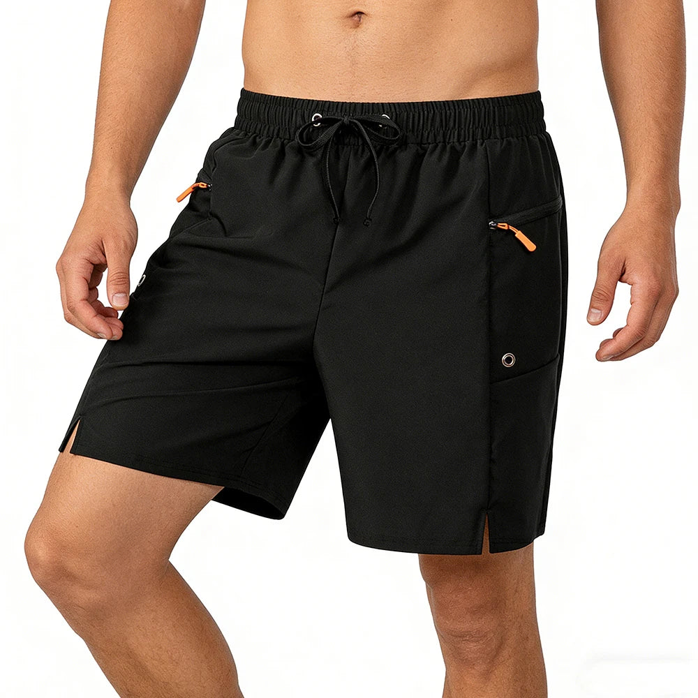 Men's Summer Black Quick Dry Casual Gym Shorts Elastic Waist Side Security Zippered Pocket Versatile for Running Fitness Hiking