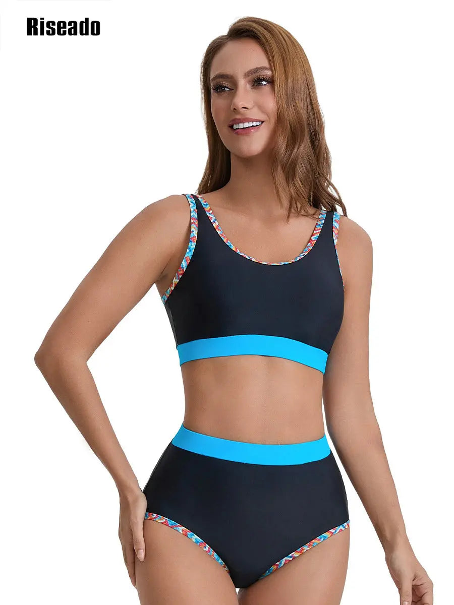 Women's High Waisted Bikini Sets Sporty Two Piece Swimsuits Color Block Bathing Suits