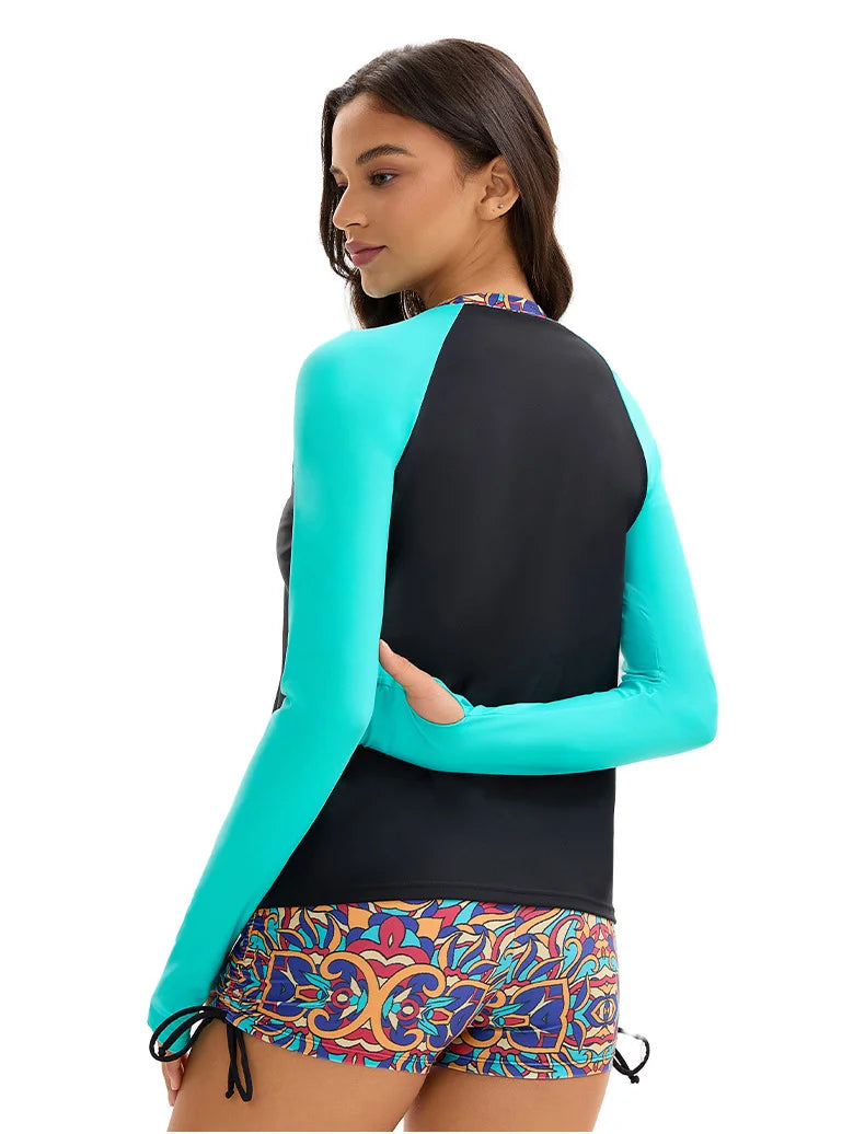 Women's 2-Piece Swim Set  Rash Guard - Color Block Long Sleeve & Printed Boy Shorts