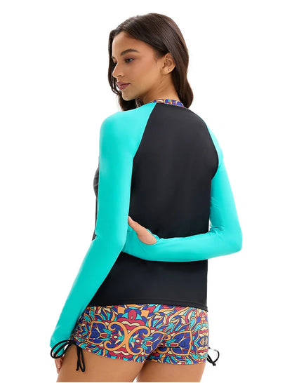 Women's 2-Piece Swim Set  Rash Guard - Color Block Long Sleeve & Printed Boy Shorts