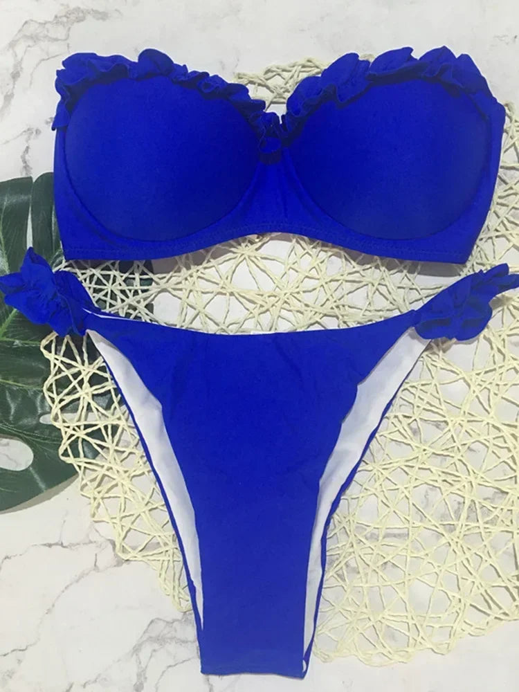 Leopard Ruffled Bra Cup Bikini Women Bandeau Swimsuit Female Swimwear Two Pieces Bikini Set Push Up Bathing Suit Swim Lady