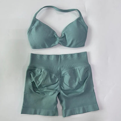 2PCS Gym Set Women Strappy Yoga Bra Top High Waist Workout Scrunch Shorts Sports Suit Seamless Yoga Set Fitness Clothes