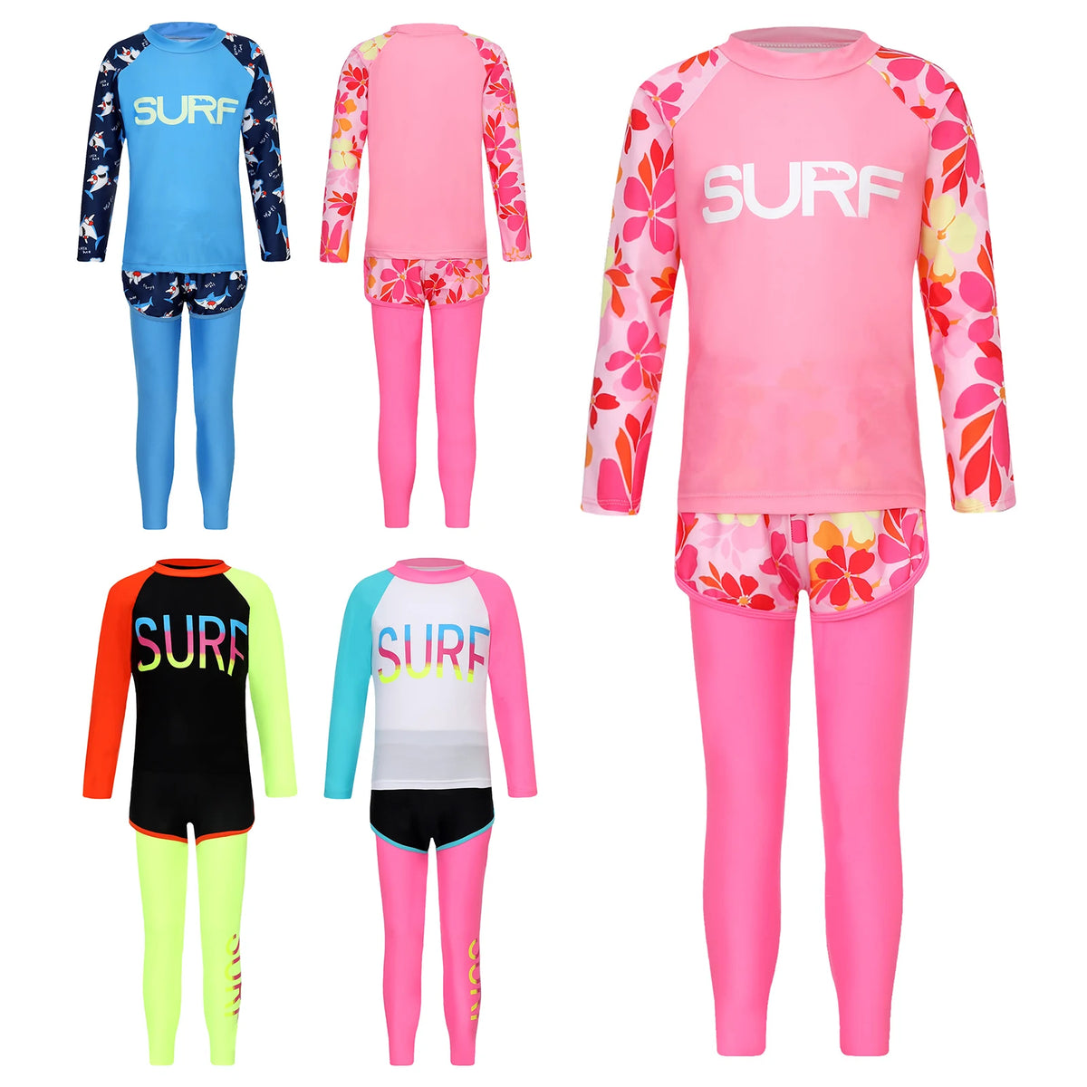 Kids' Three-Piece Long-Sleeve Rash Guard Set with Shorts & Pants