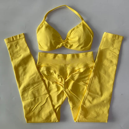 2 Pieces Set For Woman Strappy Yoga Bra Sports Top Workout Leggings Set Seamless Gym Set Fitness Clothes Outfit Activewear