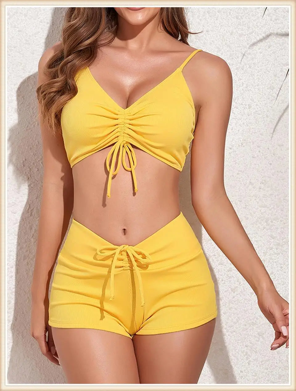 Drawstring Front Bikini Swimsuit Women High Waist Shorts Swimwear Female Bathing Swimming Swim Set Bathers Beachwear Summer
