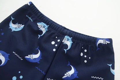 Children's Cartoon Shark Short Sleeve Split Swimwear with Swim Cap, Sun Protection Beach Wear, Baby Boys Swimsuit