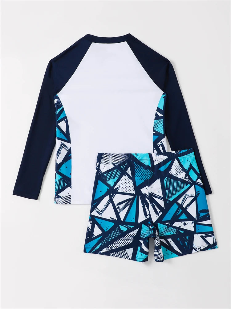Boy Kids Swimsuit Geometric Print Short Sleeves Children Swimwear Summer 2 Piece Beach Wear Swimming Bathing Suit Boys