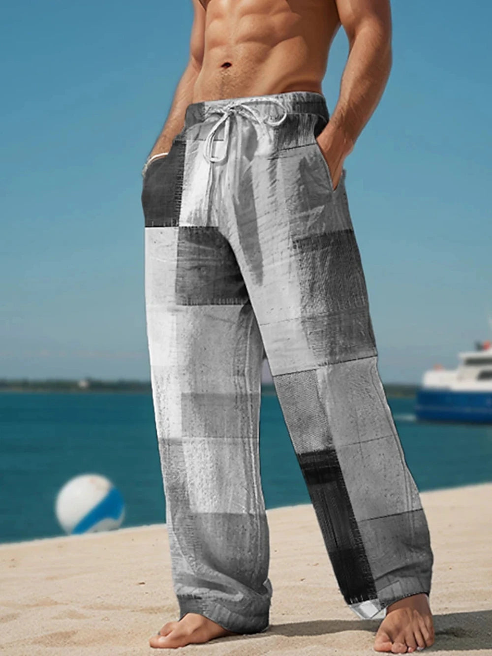 Plaid Color Block Men's Resort 3D Printed Casual Pants Trousers Elastic Waist Fit Straight-Leg Pant Summer Beach Pants 5XL