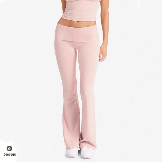 Women Folden Waist Yoga Pant Bell-bottoms Tights Gym Leggings Sport Wide Leg Fitness Leggings Workout Running Active Wear