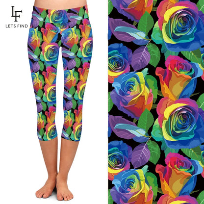 Colorful Flower Print High Waist Leggings Fashion  Women Casual Capri Leggings