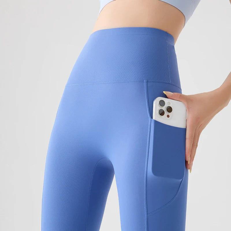 BIVIGAOS Spring Autumn Double Side Pocket Sharkskin Leggings Women Tight Elastic High Waist Sports Fitness Running Leggings