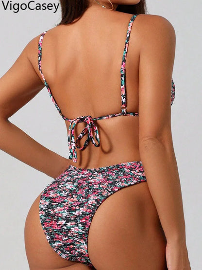 Floral Print Strapped Swimwear Women Push Up Bikini High Cut Lady Swimsuit Backless Beach Brazilian Bathing Suit