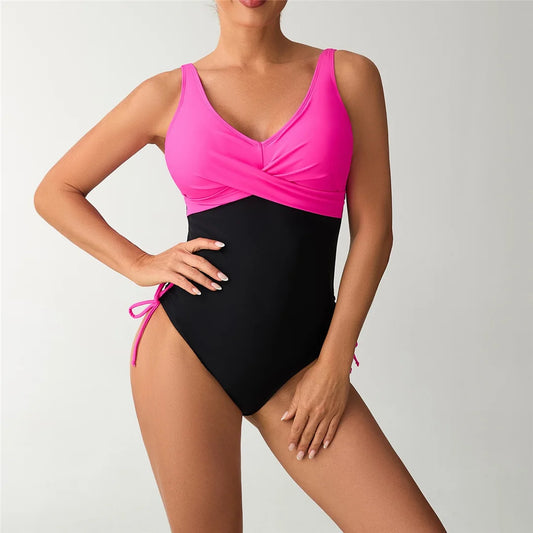 S - XXL Splicing V Neck Backless Women Swimwear One Piece Swimsuit Female High Leg Cut Padded Bather Bathing Suit Swim