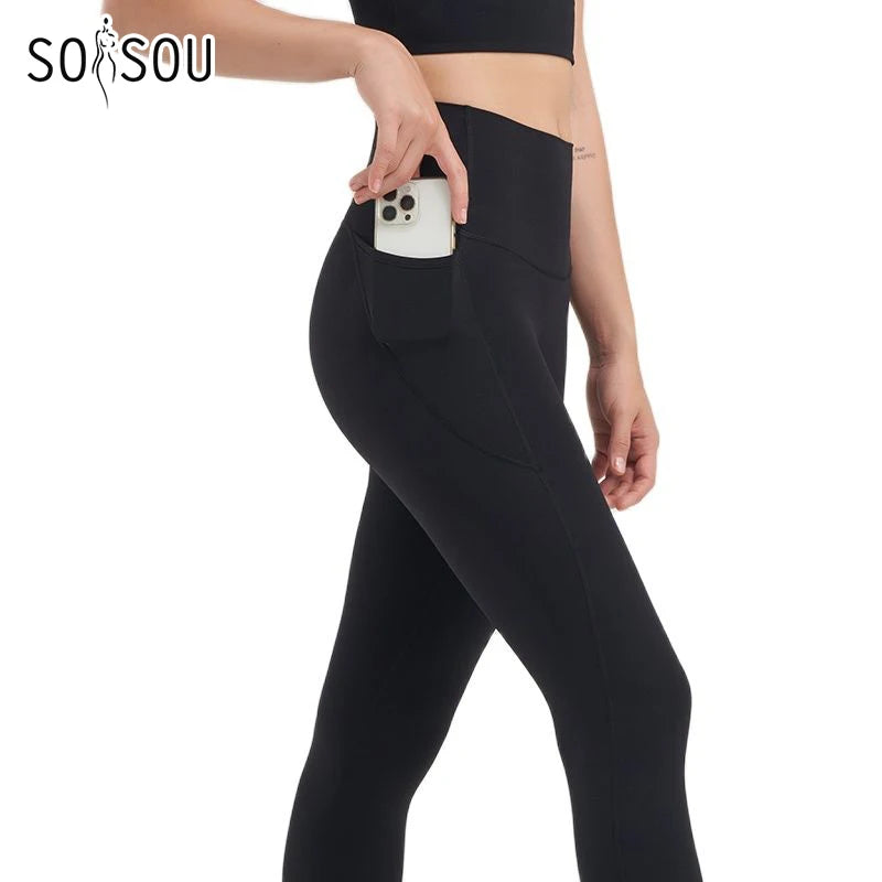 Nylon Leggings Yoga Women's Pants Gym Sport Fitness Pants Tight Elastic Breathable High Waist Side Pockets Sportswear
