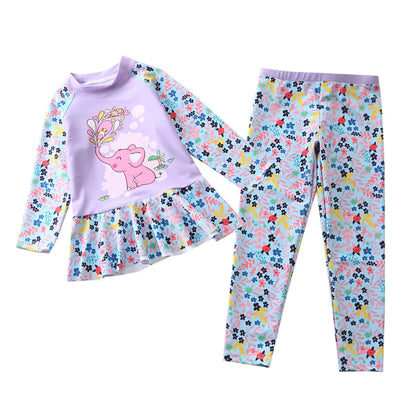 Swimsuit for Girls Long Sleeve Ruffles Girls Swimwear Cartoon Print Separate Bathing Suit Kids 2 Pcs Beach Surfing Swimming Wear