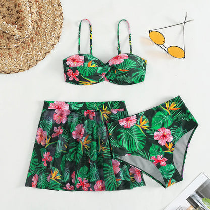 Cikini-Women's Tropical Print Push Up Bikinis Set, Swimsuit with Beach Skirt, Swimwear, Summer Bathing Suit