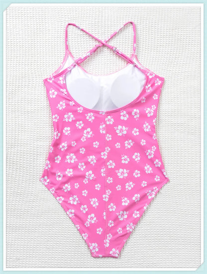 Straped Criss Back One Piece Swimsuit Vintage Swimwear Women Floral Print Bathing Suit Female Front Fold Beachwear Bodysuit