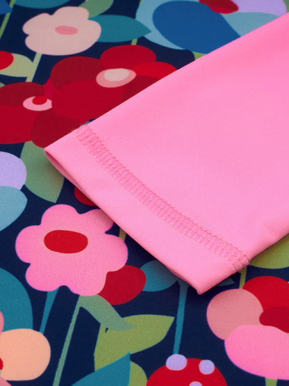 Kids Girls Swimwear One-Piece Swimsuits Summer Floral Print Long Sleeve Zipper Jumpsuit Beachwear Bikini Cut Bottom Swimming Top