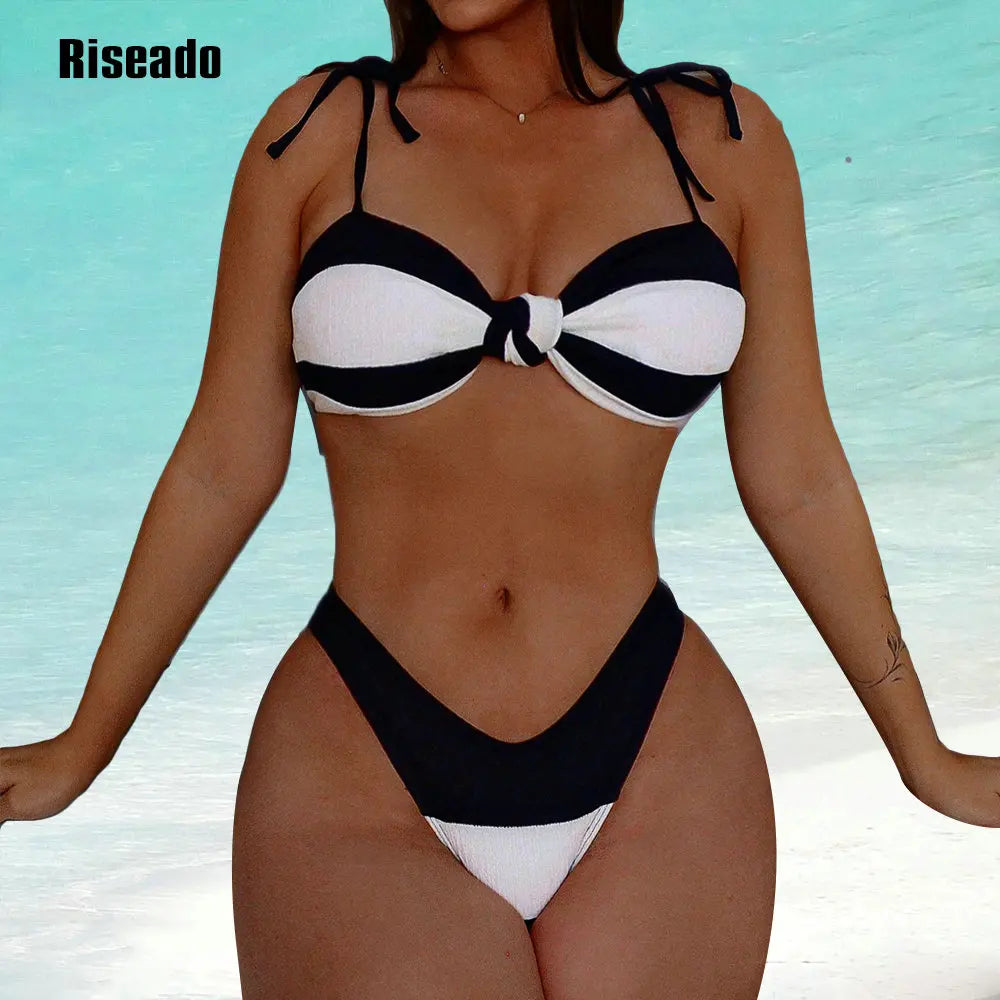 Bikini Set for Women Striped Knot Front Push Up High Leg Thong Two Piece Swimsuit