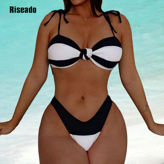Bikini Set for Women Striped Knot Front Push Up High Leg Thong Two Piece Swimsuit