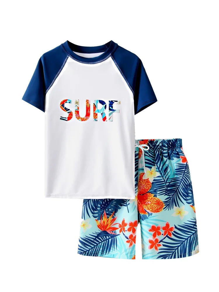 Boys' White Letter-Print Short-Sleeve Rash Guard & Shorts Set