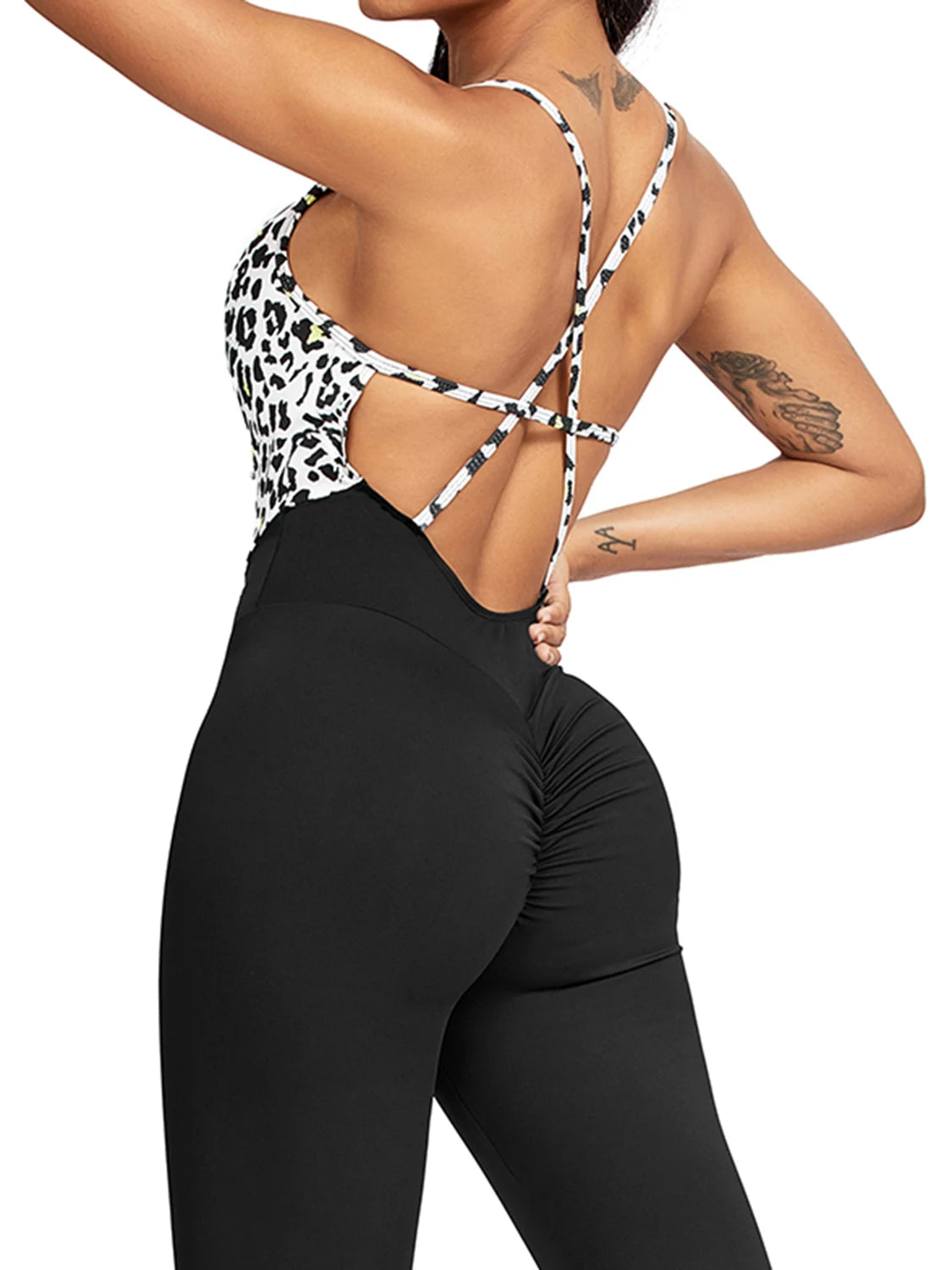 Leopard Print Jumpsuit Women's Patchwork Crisscross Backless Bodysuit Fitness Sleeveless Yoga Set Fashion Female Clothing