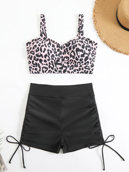 Strappy Two Pieces Drawstring Swimsuit Women Leopard Swimwear Female Bathers Bathing Swimming Suit Padded Beachwear