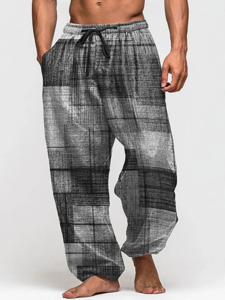 Summer Drawstring Loose-Fit Men's Wide-Leg Pants 3D Retro Patchwork Print Casual Trousers Everyday Wear Long Pants