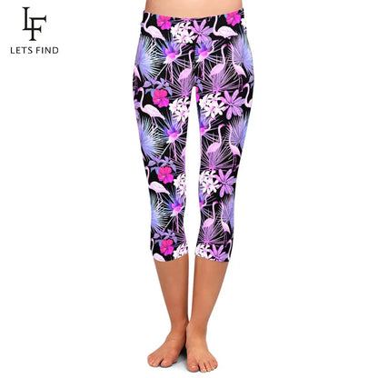LETSFIND 3D Tropical Plants and Flowers and Flamingo Print  Capri Leggings High Waist Slim Fitness Mid-Calf Leggings