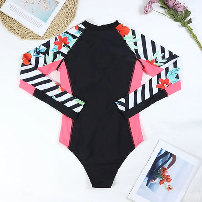 Women Print Long Sleeve One Piece Swimsuit Zipper Swimwear Bathing Suit Beach Wear Vintage Bodysuit Surfing Swim Suits