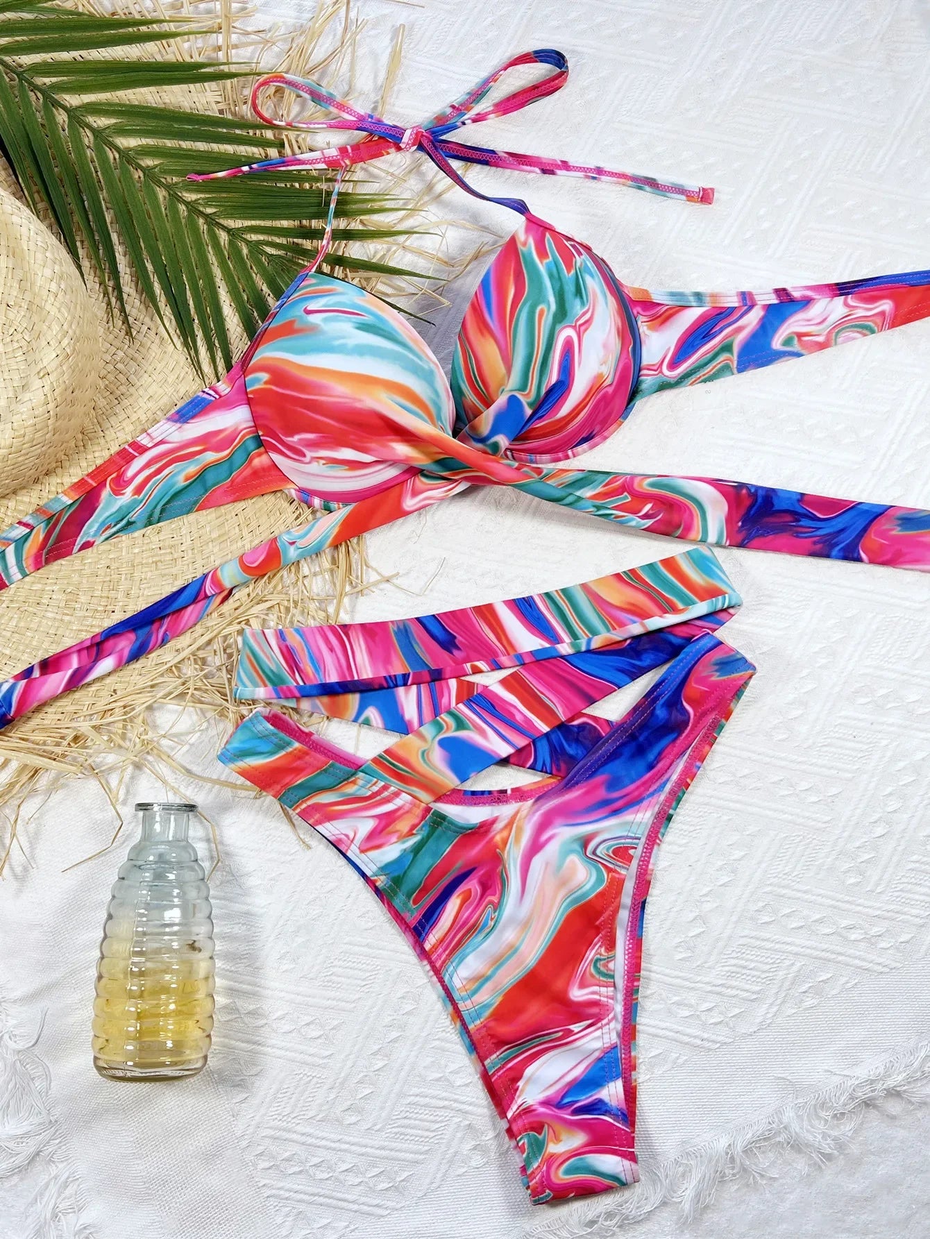 Bikini Women Push Up Print High Waist Cross Straps Halter Swimwear Swimsuit Bikinis Set Bathing Suit Bikini Female