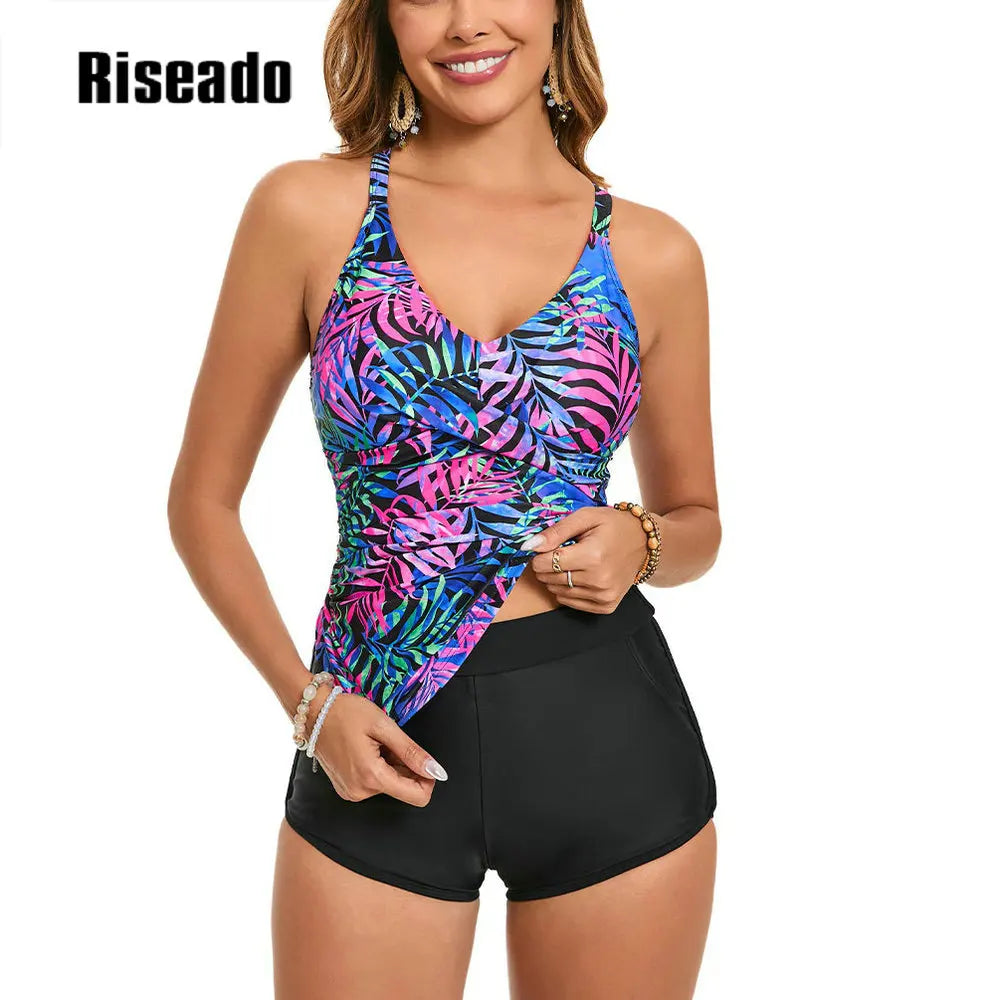 Women Tankini Swimsuits V Neck Ruched Tankini Top Cross Back Two Piece Bathing Suit Tummy Control