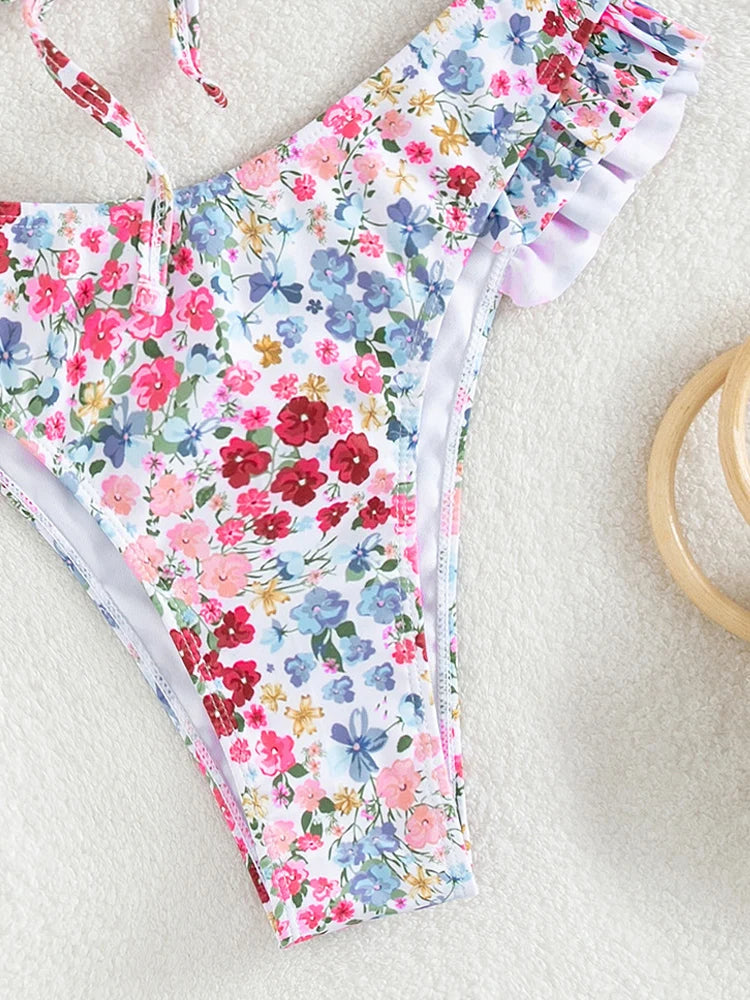 Floral Print Verge Strapped Bikini Set Tied Push UP Swimsuit High Waist Swimwear Women Backless Beach Bathing Suit