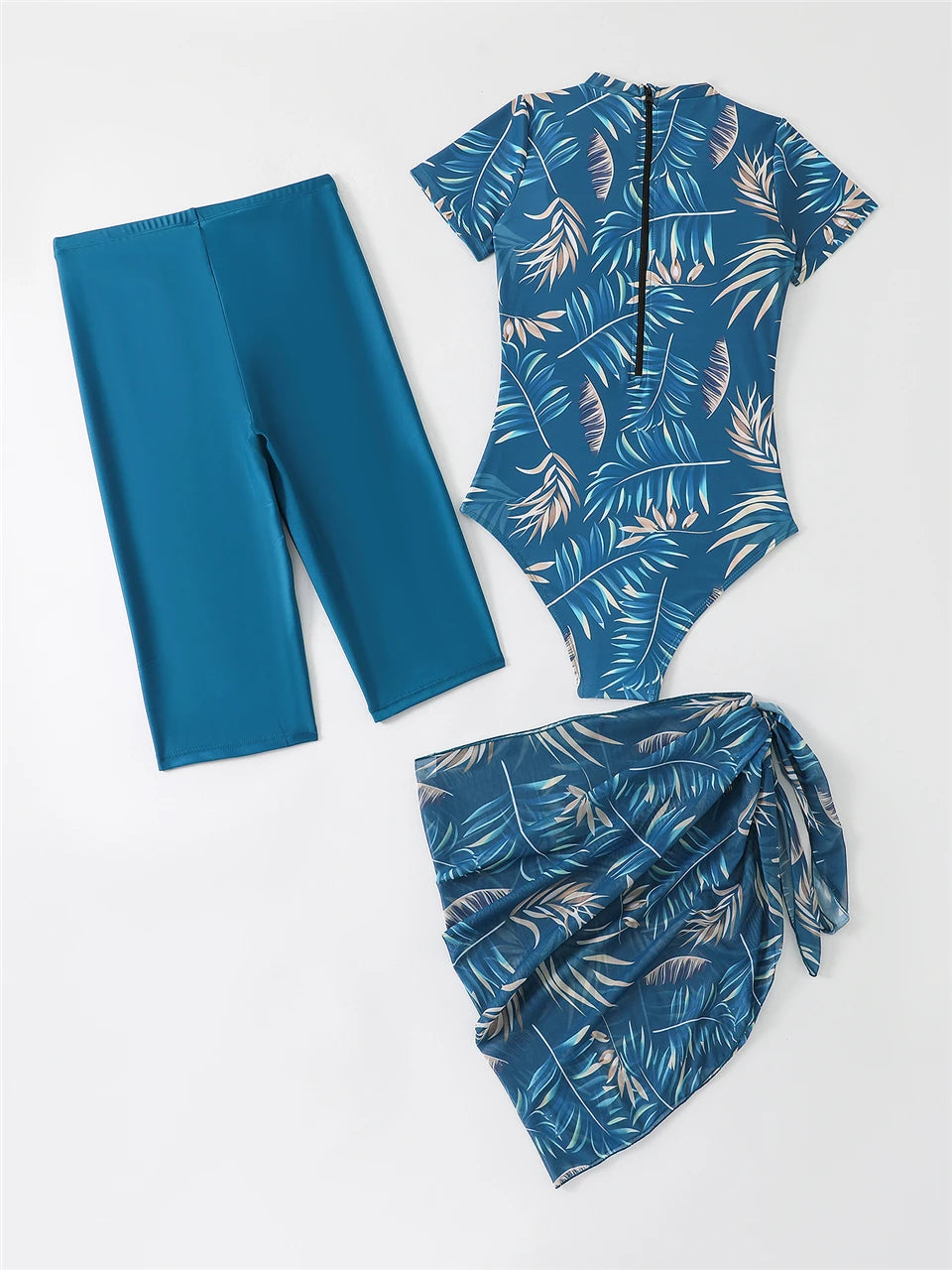 Summer Three Pieces Print Bodysuit Swimwear With Short Pants & Cover Up Beach Skirt Female Bathing Suits Pool Swimming Swimwear