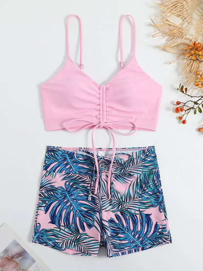 Drawstring Front Shorts Bikinis High Waist Swimsuit Women Swimwear Female Bathers Bathing Swimming Swim Suit Beachwear