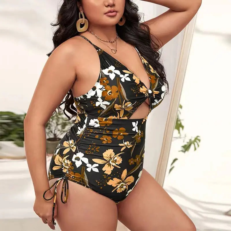 Plus Size One-Piece Bikini Digital Print Drawstring Tie Gathered Halter Swimsuit for Women