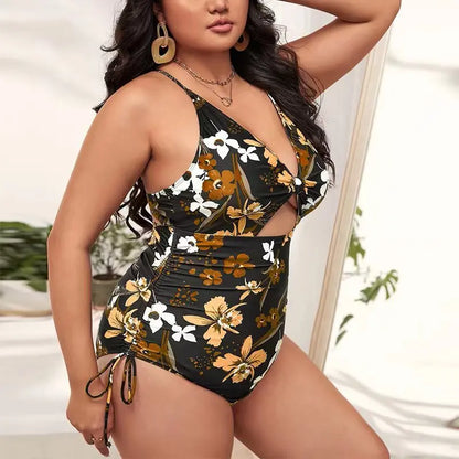 Plus Size One-Piece Bikini Digital Print Drawstring Tie Gathered Halter Swimsuit for Women