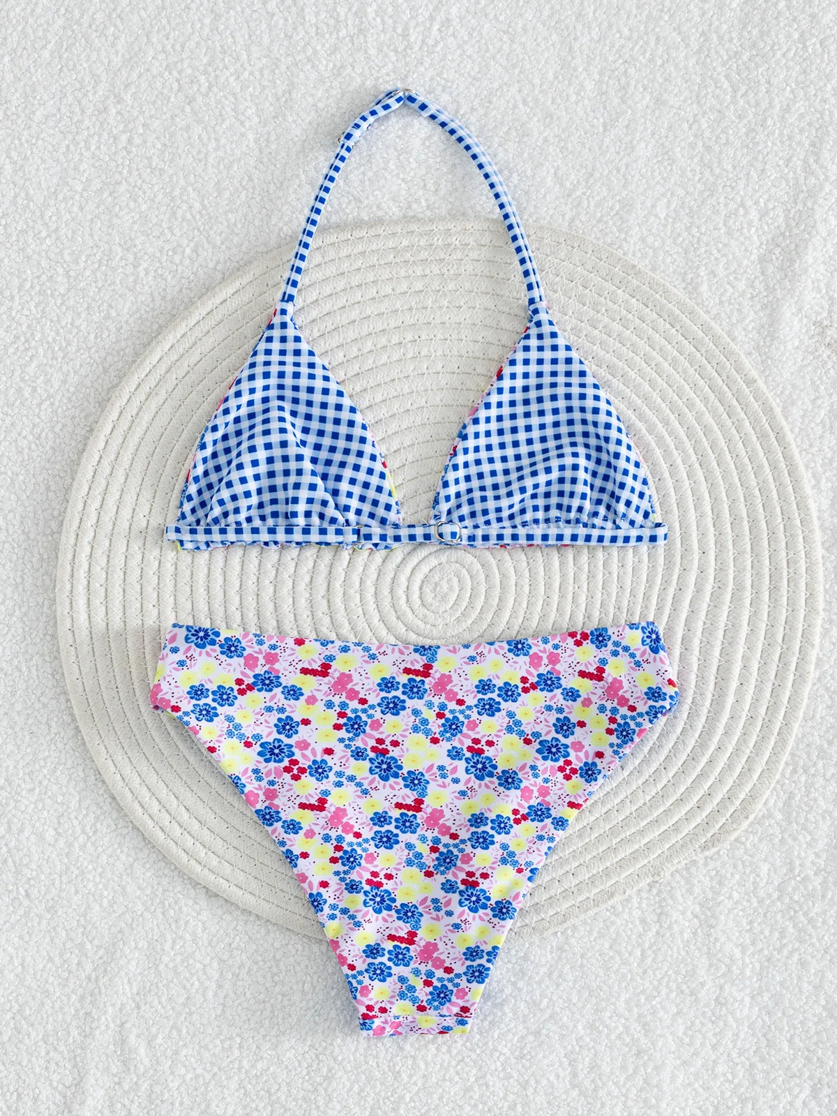 Girls' Reversible Floral & Blue Gingham Bikini Set
