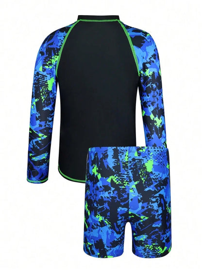 Rash Guard Boy Kids Swimsuit Solid Tie Dye Long Sleeves Children Swimwear Summer Two Piece Shorts Beachwear Bathing Suit Swimming