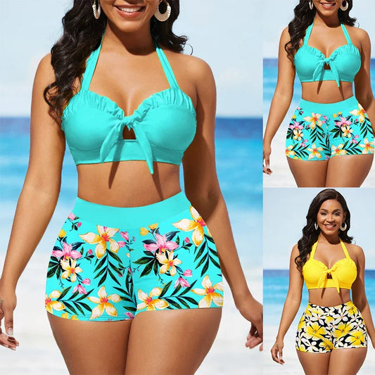 High Quality Summer Women's Double Straps Swimsuit Fashion Vacation Egg Flower Print Tankini Shorts Two-piece Set S-5XL