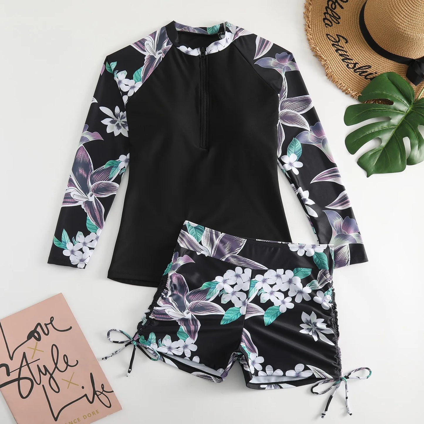 Long Sleeve Sun Protection Surf Suit Women Floral Print Beach Party Swimwear Female Swimming Trunks Bathing Suit
