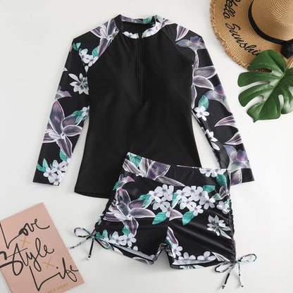 Long Sleeve Sun Protection Surf Suit Women Floral Print Beach Party Swimwear Female Swimming Trunks Bathing Suit