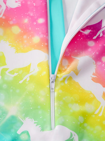Girls Swimsuit, One-Piece Long Sleeve Swimwear, Rainbow Color with Horse Print, Beach Pool Style, Kids Swim Rash Guard, Summer