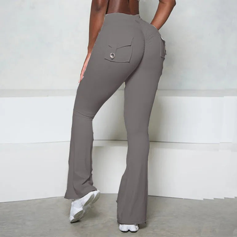 Pocket Button Flare Leggings High Waist Wide Leg Yoga Pant Women Gym Fitness Sport Dance Trousers Active Bottoms
