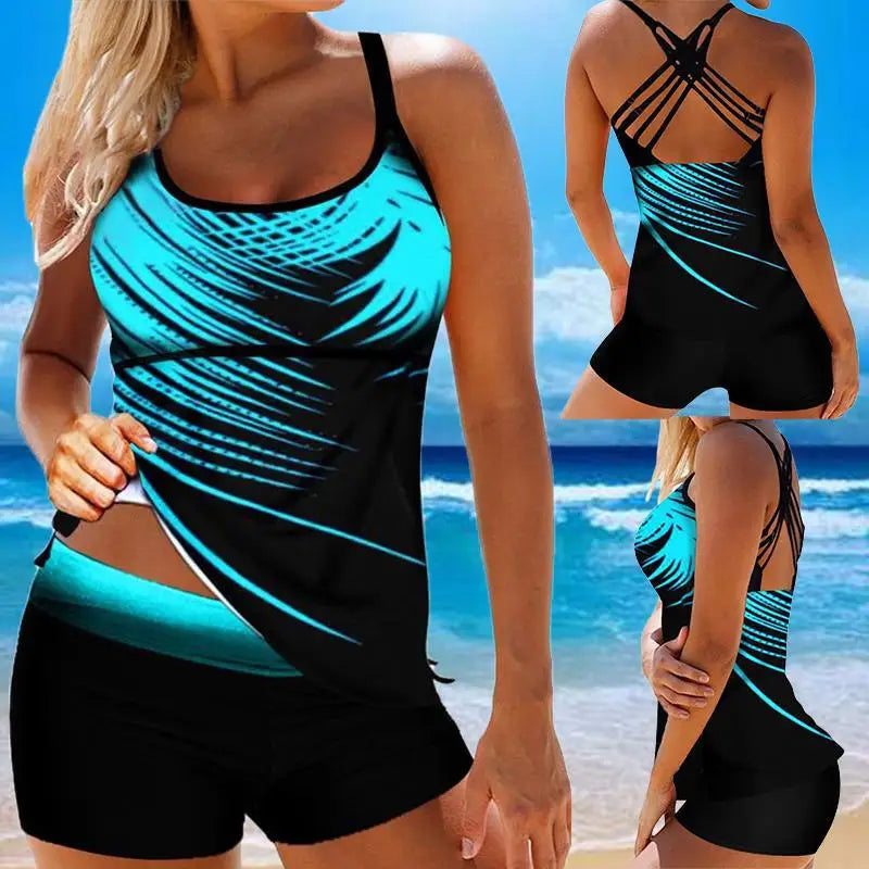 Leaf Printed Swimsuit Women Strap Cross Backless Plus Size Tankini Set Female Summer Beach 2 Pieces Swimwear Bathing Suit