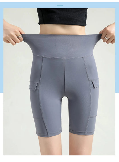 BIVIGAOS Summer New Cargo Pocket Shark Shorts Women's Sport Fitness Cycling Shorts High Waist Running Tight Biker Short Leggings